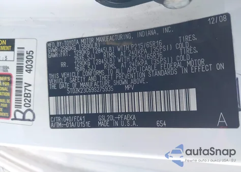 2009 Toyota Sienna Le из США, поврежденный, VIN 5TDZK23C69S275935